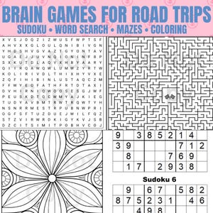Peut inclure: Un ensemble de pages d'activités intitulé BRAIN GAMES FOR ROAD TRIPS, comprenant une grille de mots mêlés, un labyrinthe complexe avec une icône de drapeau à damier, un coloriage floral mandala et deux grilles de Sudoku numérotées.