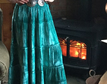 【COLOR iN ID】Velvet long shirring skirt SILK VELVET SKIRT, Full Length Velvet Skirt, Navajo Style