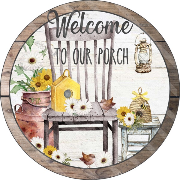 Sublimation Graphic, Summer Farmhouse, Daisies Round Door Hanger, Welcome To Our Porch, Gray Chair, Digital Download, Jpeg, Png, YOU PRINT