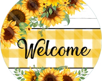 Summer Sunflower Printable, Sublimation Graphic, Sunflowers Yellow White Check, Faux Wood,, Round Door Sign, Digital, Jpeg Png YOU PRINT