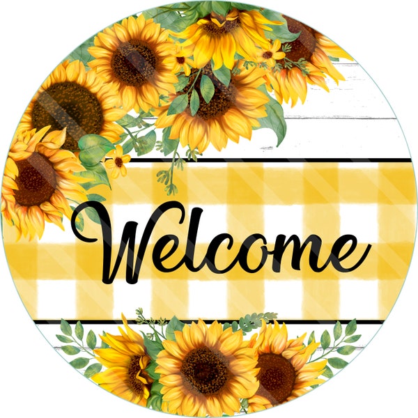 Summer Sunflower Printable, Sublimation Graphic, Sunflowers Yellow White Check, Faux Wood,, Round Door Sign, Digital, Jpeg Png YOU PRINT