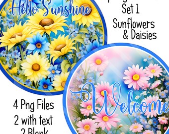 Spring Flowers Printable Bundle, Sublimation Graphics, Round Door Sign Design, Set 1, #28 & 21, Sunflowers, Daisies, Digital PNG FILES