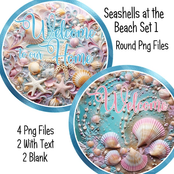 Seashells at the Beach Sublimation Graphics, Wreath and Door Sign Designs, Set 1, #1 & #3, Starfish, shells, Round design, Digital PNG FILES