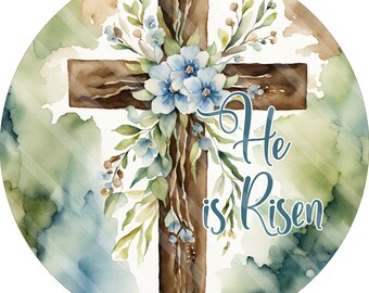 Easter Printable, Sublimation Graphics, Wreath Sign Designs, Cross, #3-B, Blue Flowers, Natural Earthy Tones, Round, He Is Risen, PNG FILES