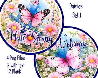 Spring Printable Bundle, Sublimation Graphics, Round Door Sign Design, Pink Butterflies, Daises, Set 1, Digital Designs PNG FILES