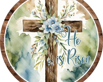 Easter Printable, Sublimation Graphics, Wreath Sign Designs, Cross, #3, Blue Flowers, Natural Earthy Tones, Round, He Is Risen, PNG FILES