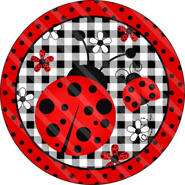 Spring Printable, Sublimation Graphic, Round Door Hanger Sign, Spring Lady Bug, Flowers, Red Black Dots Checks, Digital, Jpeg Png YOU PRINT