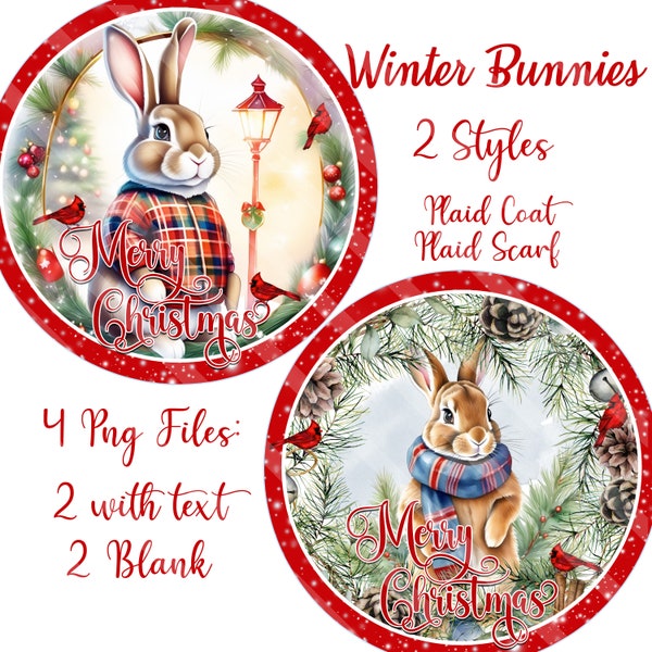 Christmas Bunnies Bundle, Printable Sublimation Graphic, Winter Holiday Bunnies in Plaid Coat & Scarf,  Round Door Sign Designs, Png files