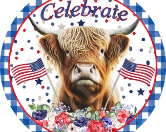 Summer Patriotic Printable, Sublimation Graphic, Round, Patriotic Highland Cow 2, Flowers, Flags, Digital Jpeg, Png Files, YOU PRINT