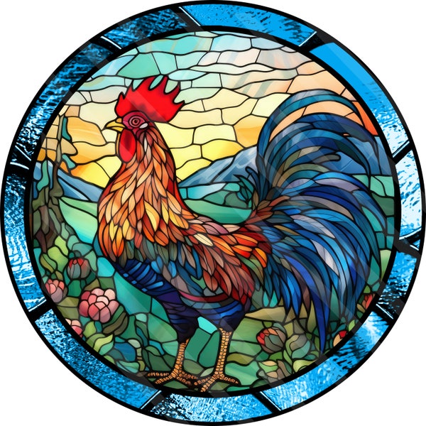 Farm Rooster, Faux Stained Glass, Printable, Sublimation Graphic, Round Door Hanger, Rooster #3, Light Blue,  Digital, Png File, YOU PRINT