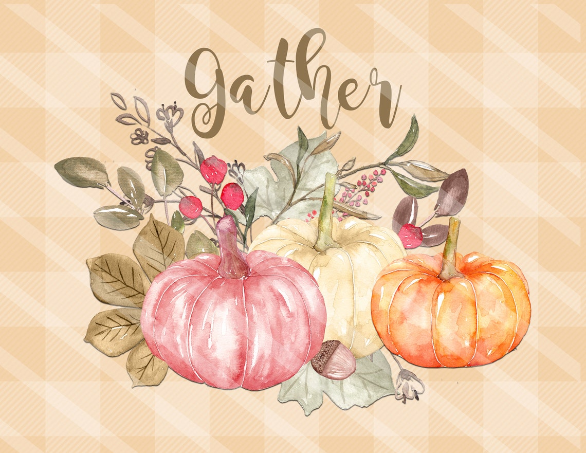 Fall Printable Gather Wall Art Pumpkins on Orange Plaid | Etsy