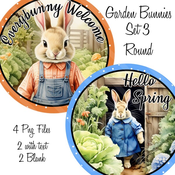 Bunny Printable, Sublimation Graphics, Wreath Sign Designs, Spring Bunnies in the Garden, Set 3, #7, #35, Easter, Round, PNG FILES