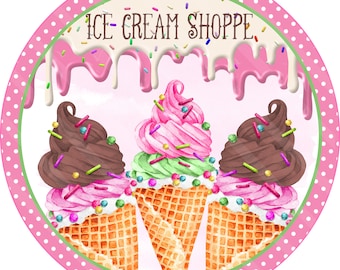 Imprimible de verano, gráfico de sublimación, conos de helado rosa chocolate, tienda, gráfico redondo, Jpeg digital y letrero de puerta Png QUE IMPRIMIR