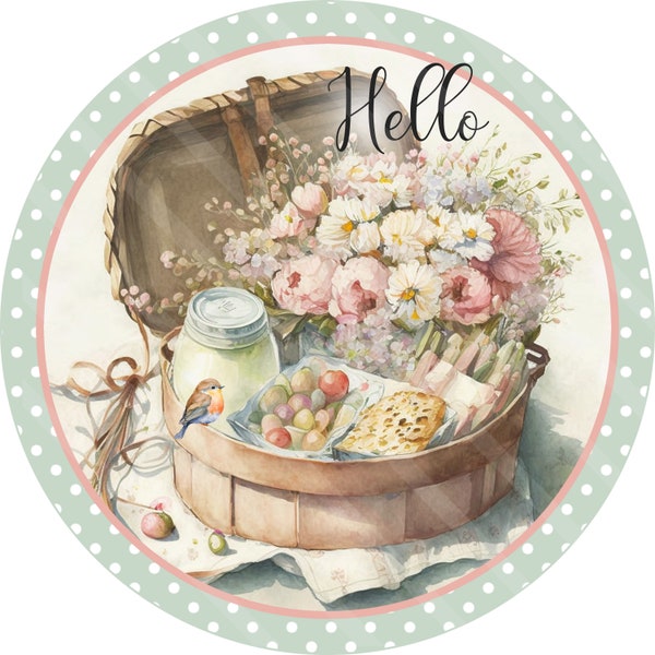 Picnic Printable, Sublimation Graphic, Round Door Hanger Sign, Picnic Basket, Flowers, Hello, Muted Colors, Jpeg Png YOU PRINT