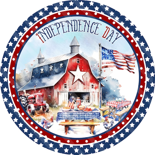 Patriotic Sign Printable, Sublimation Graphic, Patriotic Farm Picnic, Independence Day, Barn, Round, Digital PNG File, YOU PRINT