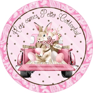 Spring Printable, Sublimation Graphic, Easter Bunny Eggs, Pink Brown Dots Truck, Peter, Digital Files, Round Door Hanger Graphic, YOU PRINT