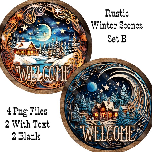 Rustic Winter Scenes, 3D Printable Sublimation Graphics, Door Sign Designs, Cabin On Lake & Cozy Cabin, Trees, Set B, Round, PNG files