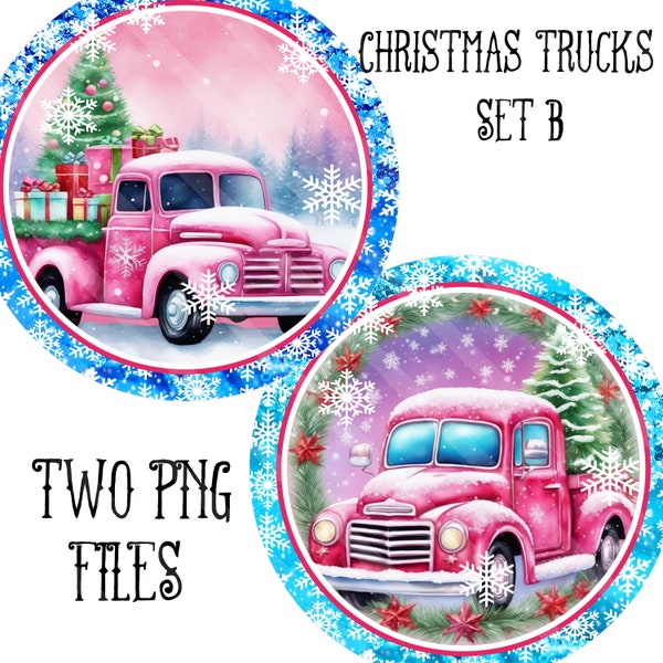 Christmas 3D Trucks Bundle, Printable Sublimation Graphic, Christmas Trucks, Set B, #1, 2, Snowflakes, Round Door Sign, Png files