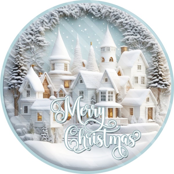 Christmas 3D Printable Sublimation Graphic, Door Sign Design, Frosty Snowy Winter Houses #1, White Trees, Textured Design, Round, PNG FILES