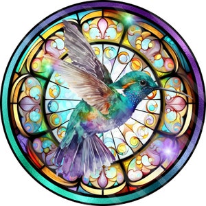 Hummingbird Faux Stained Glass Printable, Sublimation Graphic, Round Door Sign, Round Stained Glass Window, Digital, Jpeg Png YOU PRINT