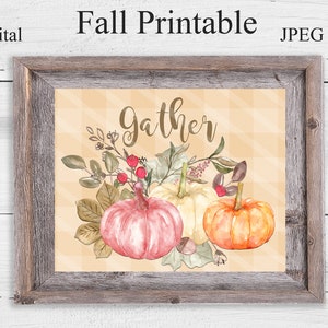 Fall Printable Gather Wall Art Pumpkins on Orange Plaid | Etsy