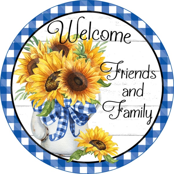 Summer Printable, Sublimation Graphic, Sunflowers Vintage Coffee Pot, Blue Check, Round , Welcome, Wreath Accessory, Download, YOU PRINT