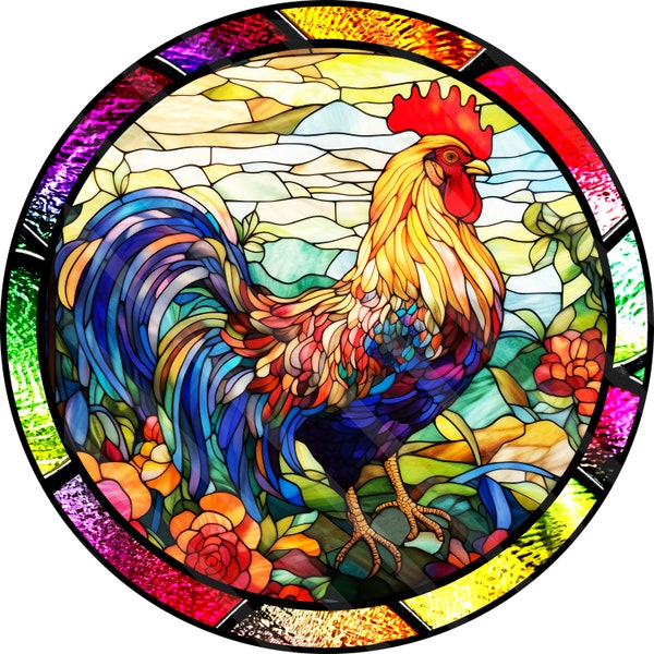 Farm Rooster, Faux Stained Glass, Printable, Sublimation Graphic, Round Door Hanger, Rooster #1, Colorful,  Digital, Png File, YOU PRINT