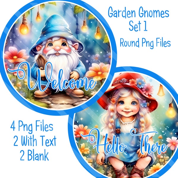 Garden Gnomes Sublimation Graphics, Printable, Round Door and Wreath Sign Designs, Girl, Boy Gnomes, Set 1, #1 & #10, PNG FILES
