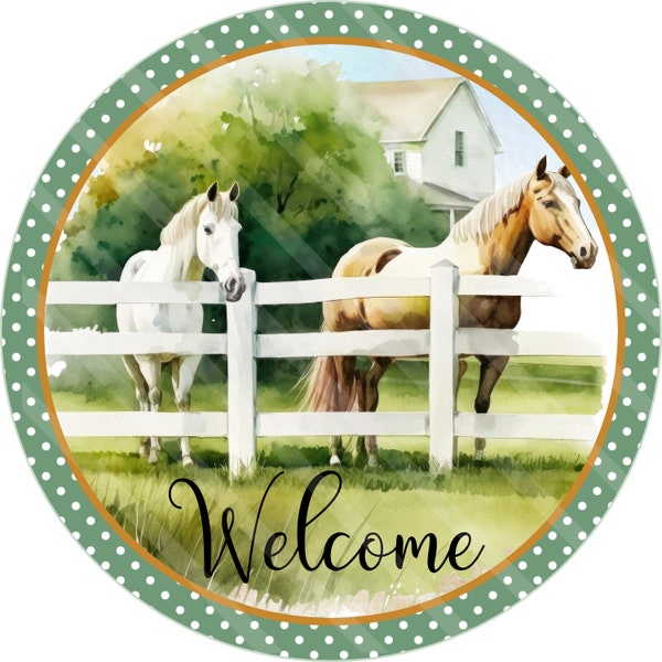 Farmhouse Horses Printable, Sublimation Graphic, Round Door Hanger Sign, Horses, White Fence, Welcome to Our Home, Jpeg Png YOU PRINT