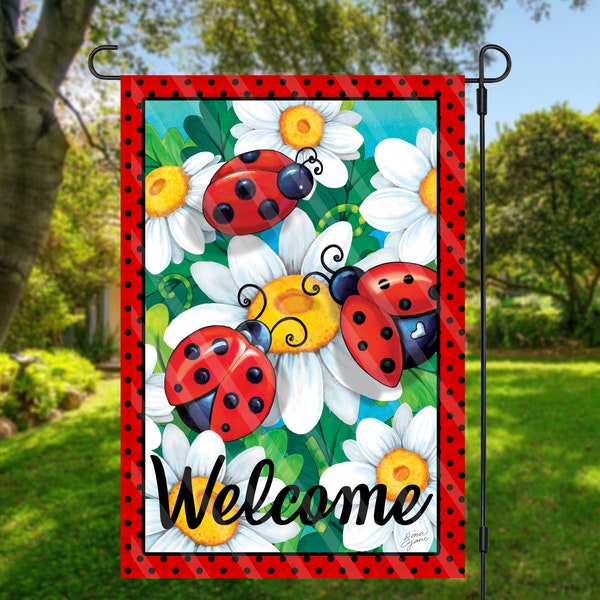 Summer Printable, Sublimation Graphic, Spring Ladybugs White Flowers Garden Flag Digital Download, PNG FILES, You Print