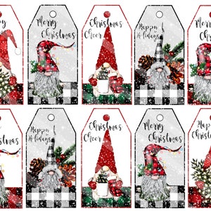 Christmas Tags Printable, Christmas Gnomes, Gift Tags, Digital Download, Buffalo Check,  Jpeg File, Tags, Farmhouse Style, YOU PRINT