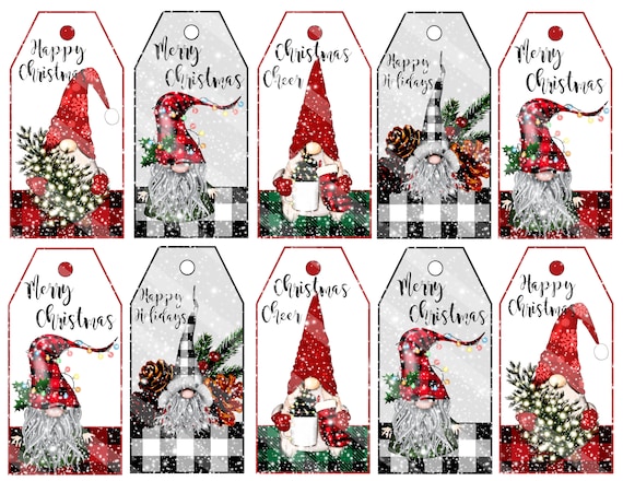 Christmas Tags Printable, Christmas Gnomes, Gift Tags, Digital Download,  Buffalo Check, Jpeg File, Tags, Farmhouse Style, YOU PRINT