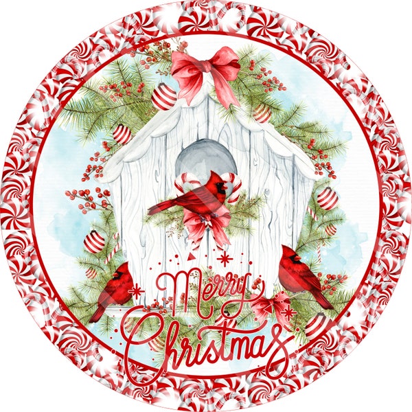 Christmas Printable Sublimation Graphic, Door Sign, White Birdhouse, Red Birds, Candy Canes, Round, JPEG, Png files, YOU PRINT