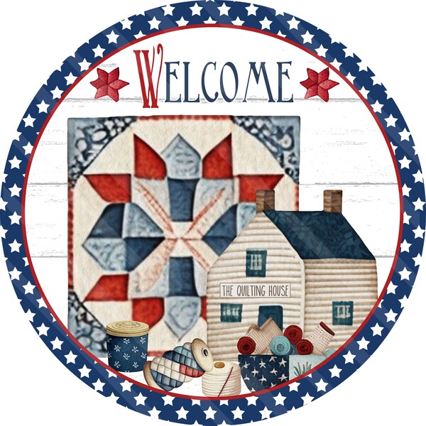 Americana Sign Printable, Sublimation Graphic, Round, Prim Colonial Quilting House, Stars, Patriotic,  Digital Jpeg, Png Files, YOU PRINT