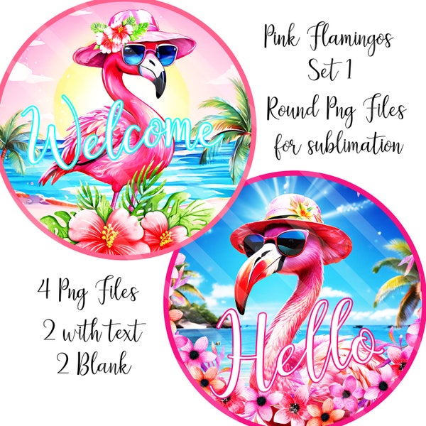 Pink Flamingos Sublimation Graphics, Wreath and Door Sign Designs, Set 1, #1 & #18, Beach Scene, Flamingos, Round design, Digital PNG FILES