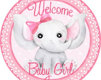 Little Elephant Baby Girl Birth, Printable, Round Graphic Door Wreath Sign, Welcome Baby Girl, Pink, Digital Sublimation, JPEG and PNG Files