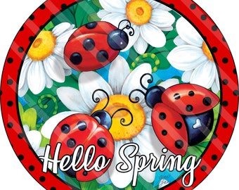 Spring Printable, Sublimation Graphic, Round Door Hanger Sign, Spring Lady Bug Welcome Spring, Wreath Accessory, Digital, Jpeg Png YOU PRINT