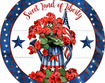 Patriotic Sign Printable, Sublimation Graphic, Round, Watering Can, Flag, Flowers, Digital Download, Jpeg, Png Files, YOU PRINT