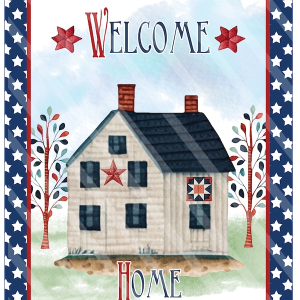 Americana Sign Printable, Sublimation Graphic, Rectangle, Prim Colonial House, Quilts, Stars, Patriotic,  Digital Jpeg, Png Files, YOU PRINT