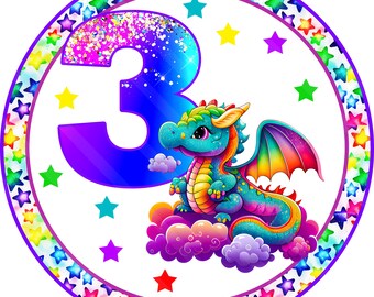 Birthday Printable, Sublimation Graphic, Rainbow Dragon Birthday 3, Round Door Hanger Sign, Wreath Accessory, Digital Download, YOU PRINT