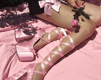 Pink Satin Platform Pumps - Chunky Block Heel Lace-Up Shoes - Coquette Aesthetic Bow Heels - Closed Square Toe Party Shoes