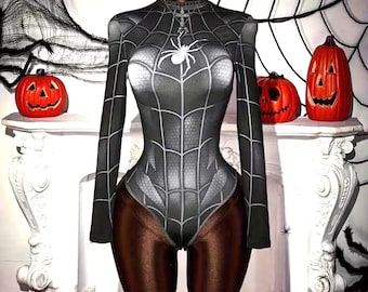 Mono gótico con estampado de telaraña - Body de cuello alto para mujer