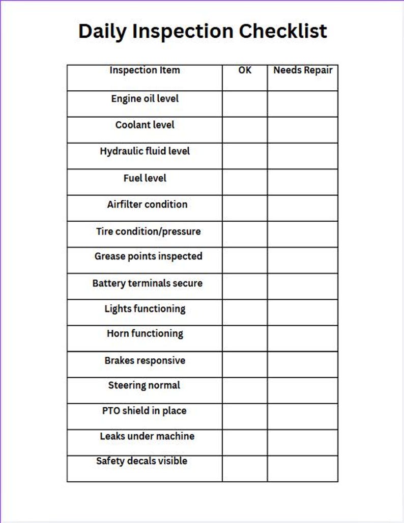 Ok First Part Checklist Tractor Daily Inspection Checklist | Farm Equipment Maintenance Log ...