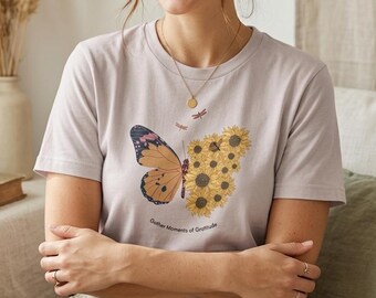 Gratitude Sunflower Butterfly Shirt | Mindfulness Cotton Tee | Positive Message Gift