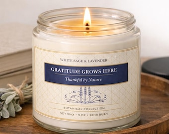 Gratitude Candle Gift | Thank You Soy Candle White Sage Lavender | Luxury Navy Gold Jar