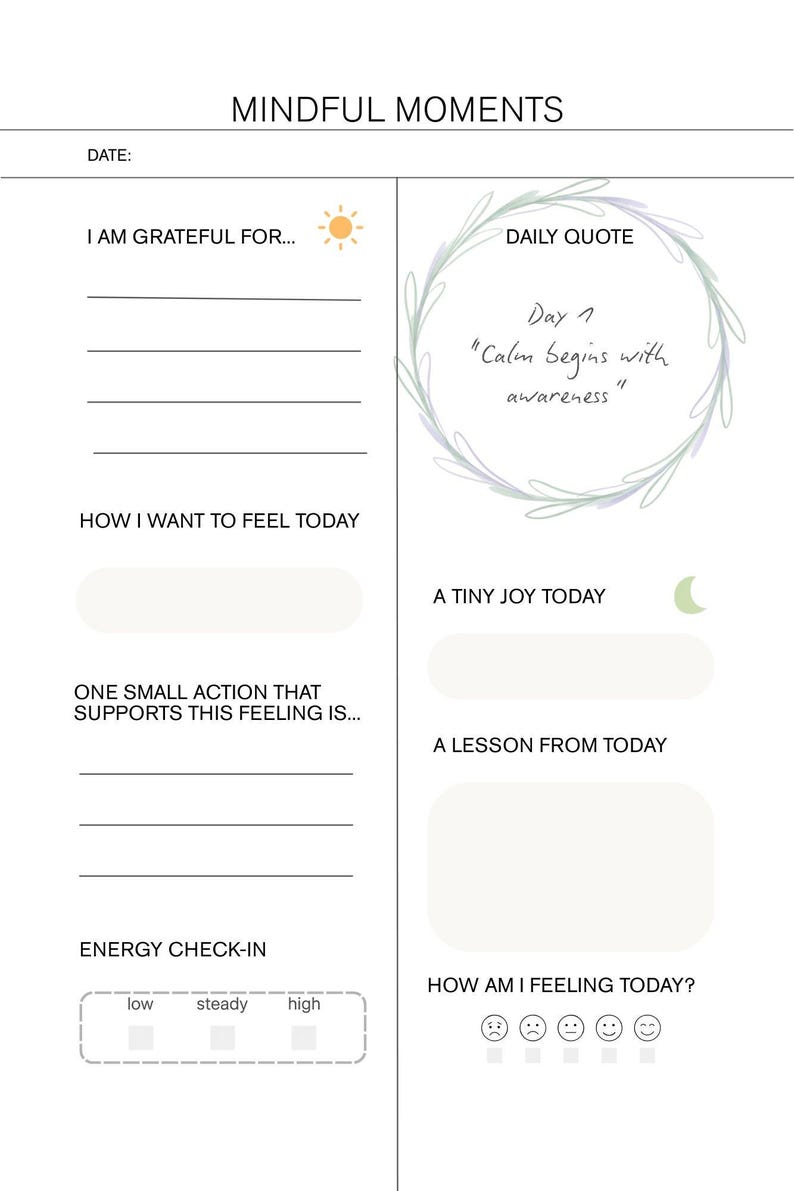Mindfulness Journal Printable — 3‑minute Meditation Prompts for Everyday Calm — Digital PDF ...