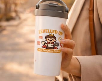 Funny Promotion White Travel Mug — Levelled Up Chief Everything Officer — New Job Office Gift