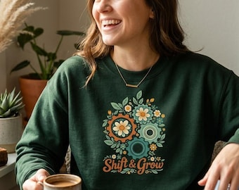 Teamwork Floral Sweatshirt | Botanical Growth Mindset Crewneck | Shift & Grow Forest Green Gift