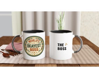 World's Okayest Boss Mug — Funny Boss Day Gift — Office Humour Two Sided Black