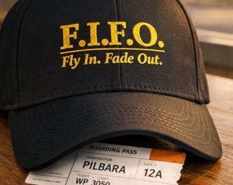 FIFO Cap Gold Embroidered Fly In Fade Out Bush Camping Hat | Aussie Outback Gift
